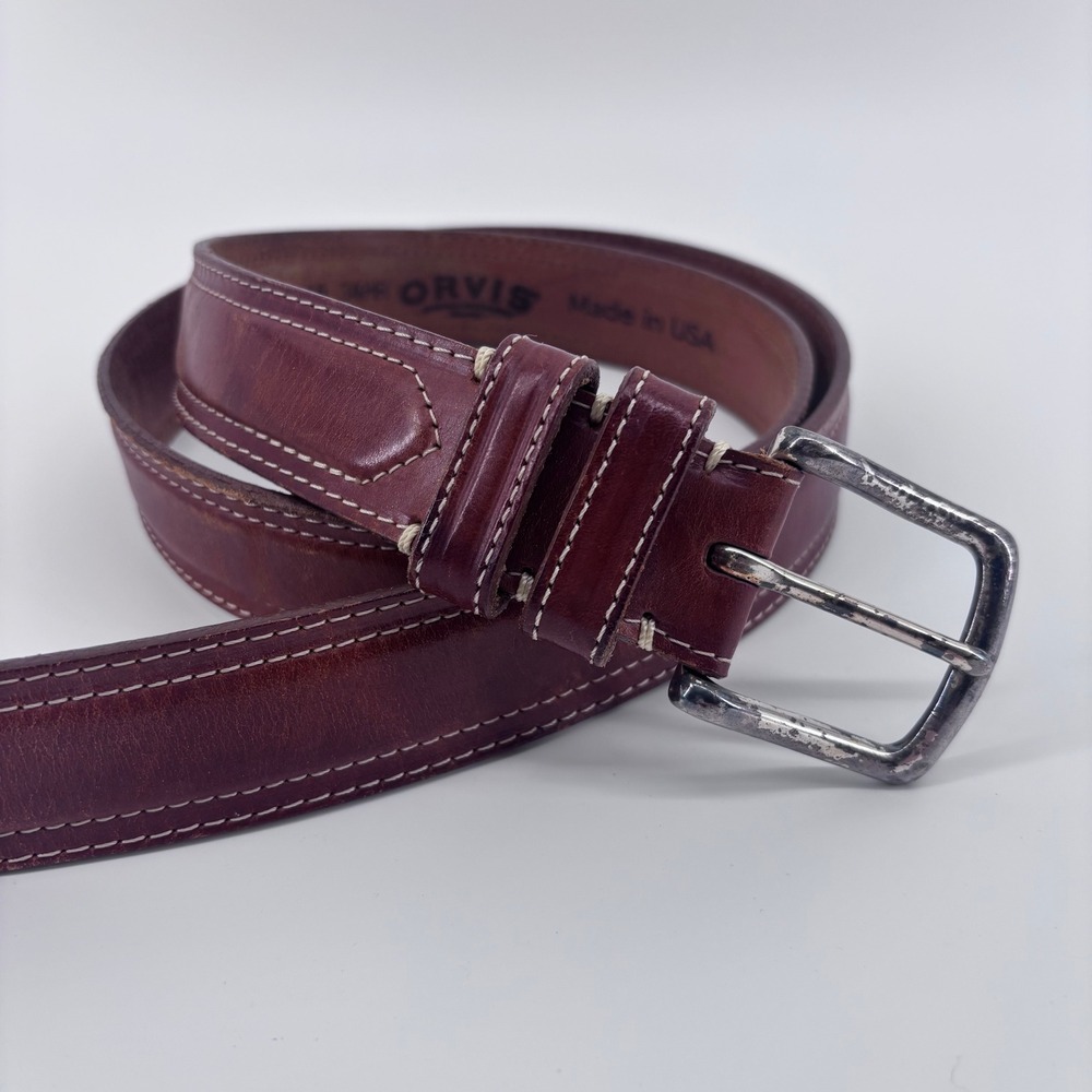 Orvis Leather Belt Mens 46 Burgundy Solid Brass‎ Buckle USA Made Rugged Heritage